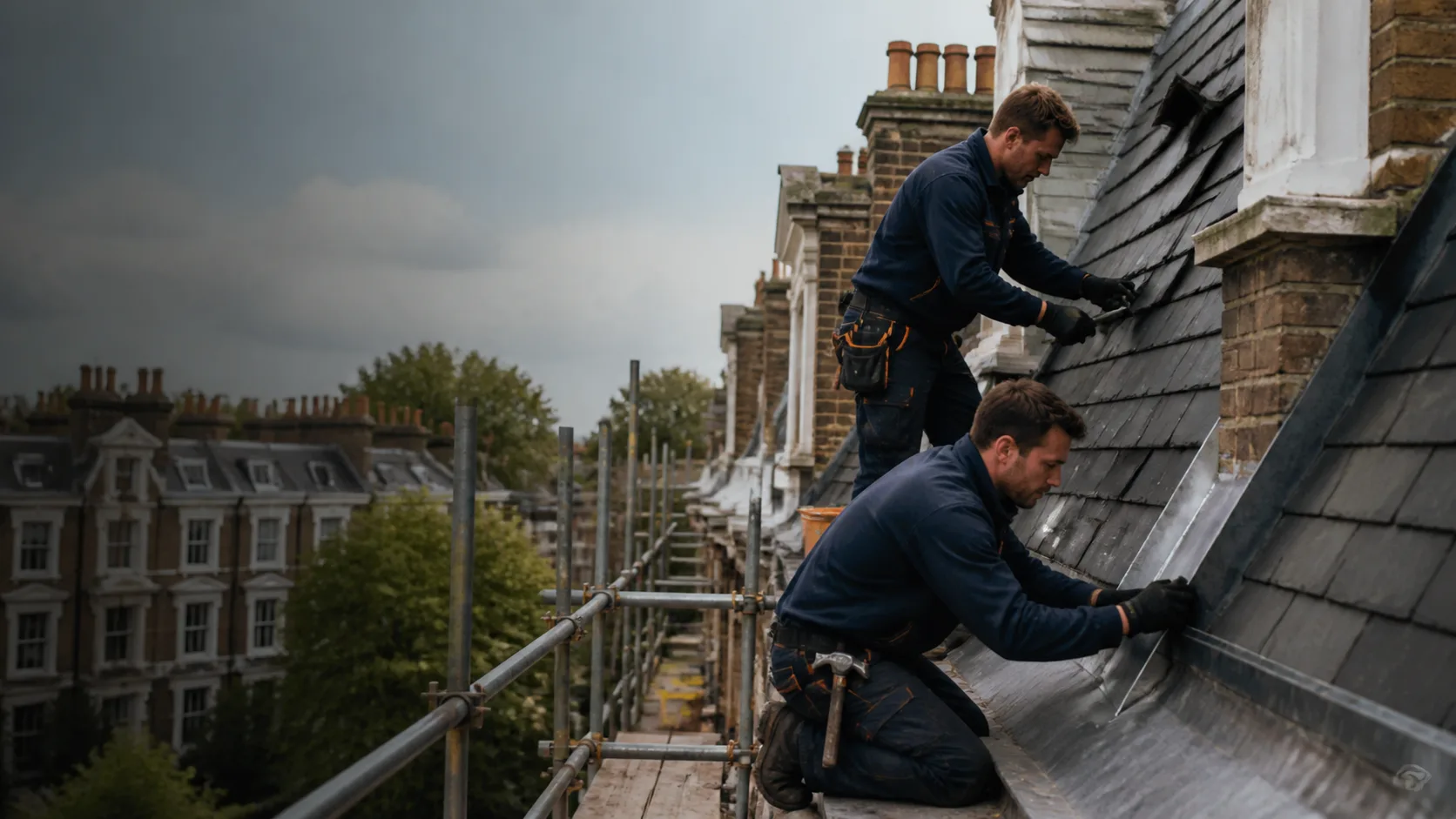 Roofers working safely on a slate roof