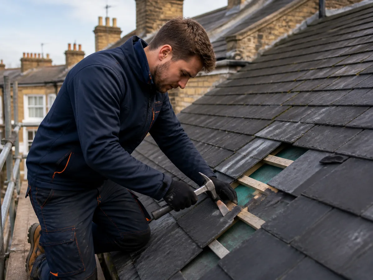 Roofer examining lead flashing at a chimney